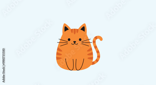 Adorable cartoon illustration of a chubby orange tabby cat sitting peacefully against a soft light blue background.