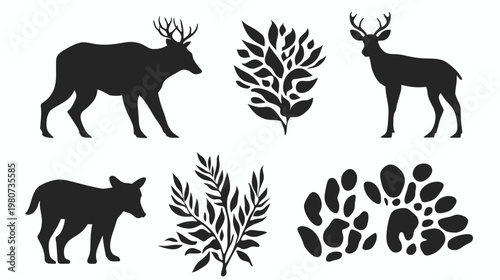 Black silhouettes of a deer, a wolf, and organic shapes on a white background