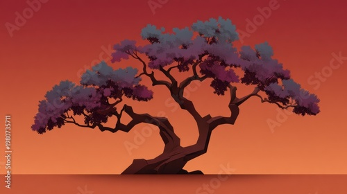 Stylized tree silhouette with purple foliage against warm orange sky creating calm and peaceful atmosphere at sunset