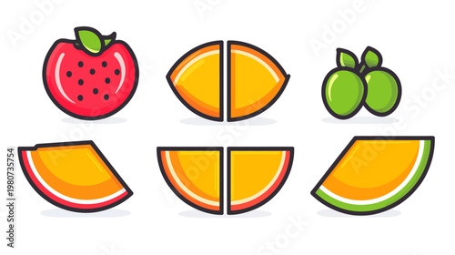 Cartoon illustration of fruits tomato, sliced orange, limes, melon slices on white
