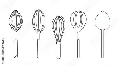 Black-line drawing showcases kitchen utensils whisks and spoons on a white background