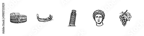 Italian Landmarks and Mediterranean Food Culture Elements in Hand-Drawn Inky Brushstroke Style