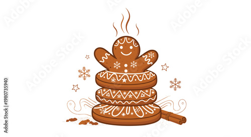 Festive stack of decorated gingerbread cookies with a smiling gingerbread man on top and aromatic steam rising.