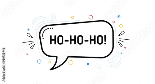 Festive speech bubble containing the phrase ho-ho-ho surrounded by colorful stars and whimsical decorative swirls.