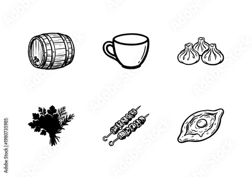 Georgian Cuisine and Traditional Food Elements with Inky Brush Strokes and Hand-Drawn Painterly Style