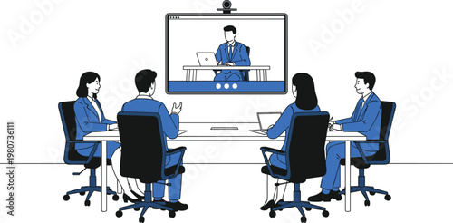 Business team video conference meeting with remote speaker on screen modern corporate communication flat illustration