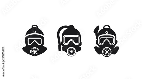 Three black gas masks in a row, against a white background
