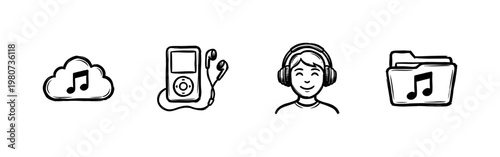 Digital Media and Audio Entertainment Elements with Hand-Drawn Inky Brush Strokes in a Freehand Calligraphic Aesthetic.