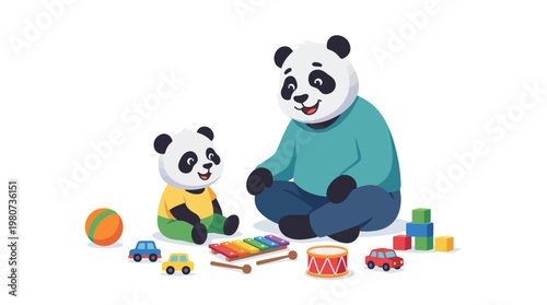 Cute illustration of a parent and baby panda happily playing with an assortment of vibrant toys, representing childhood, family connection, and educational fun