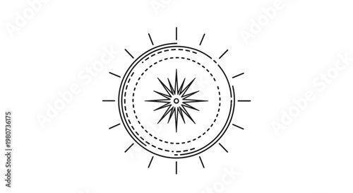 Minimalist stylized line drawing of a sun with sharp rays enclosed within a series of dotted and solid circular frames.