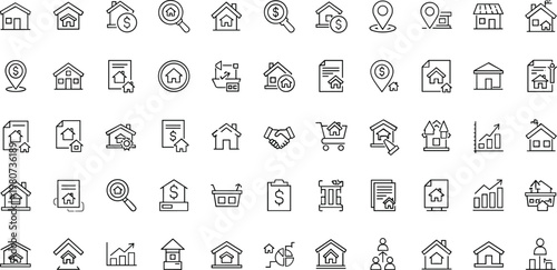 Real estate property line icons set featuring house location mortgage investment construction housing market navigation outline vector collection