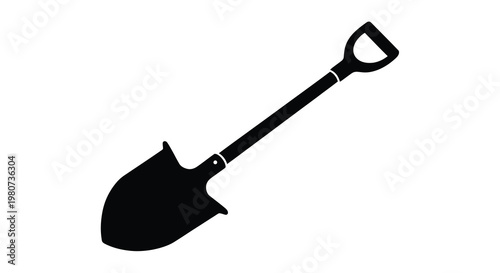 A black silhouette depicting a garden shovel with a long handle shown diagonally