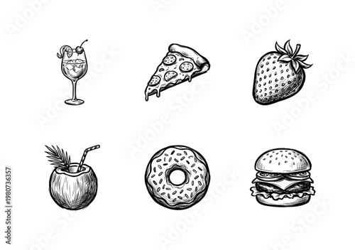 Food and Drink Gastronomy Elements with Inky Brushwork and Hand-Drawn Painterly Style