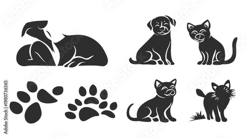 Black and white animal silhouettes of dogs, cats, and paw prints on a white background
