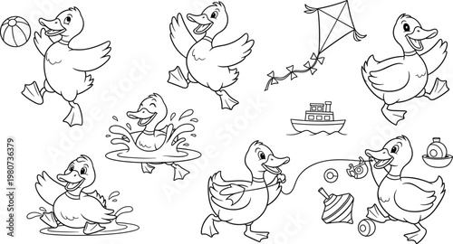 Cute Duck Outdoor Activity Coloring Page Set with Cartoon Duckling Playing Ball Flying Kite Swimming and Fishing Outline Illustration