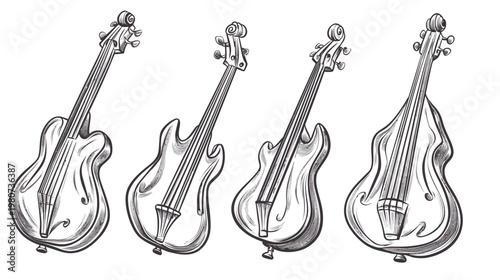 Four stylized, hand-drawn stringed musical instruments on a white background in black and grey