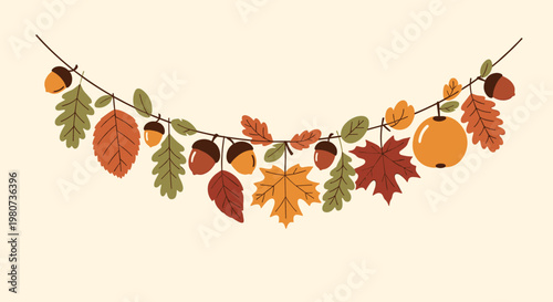 Charming autumn garland string featuring various colorful fall leaves acorns and a ripe round apple on a plain background.
