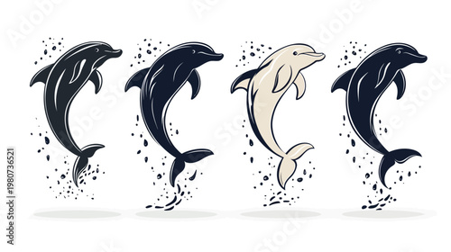 Four stylized dolphins, three dark, one light, arching with scattered splatters beneath