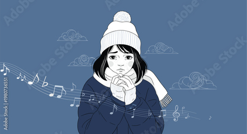 Melancholic illustration of a young girl in winter attire surrounded by swirling musical notes and soft clouds.
