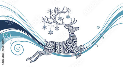 Intricately patterned reindeer jumping through the air with christmas ornaments hanging from its large antlers.