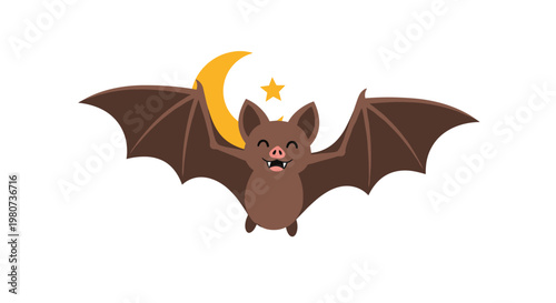 Friendly cartoon bat flying happily in the dark night sky with a yellow crescent moon and a single golden star.