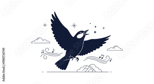 Elegant silhouette of a bird in flight singing a loud melody among clouds and musical notes under a starry sky.