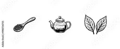 Tea Leaves and Brewing Ceremony Essentials with Inky Brushwork and Hand-Drawn Fluid Calligraphic Lines in Traditional Ink Wash Aesthetic
