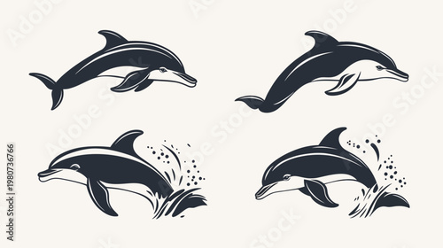 Graphic of four stylized dolphins in different poses on a pale cream background
