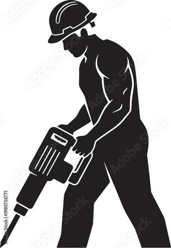 Construction worker silhouette using jackhammer tool wearing safety helmet and showing muscular physique for labor and infrastructure building concept