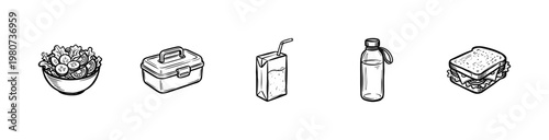 School Lunch and Healthy Snack Food Items with Hand-Drawn Ink Brush Strokes and Organic Fluid Lines