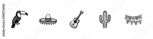 Mexican Cultural Elements and Celebration Objects with Hand-Drawn Ink Brush Strokes and Colorful Painterly Style