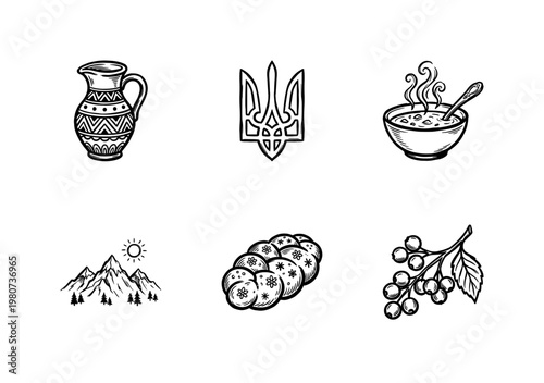 Ukraine Culture and Traditions Symbols with Inky Brushwork and Hand-Drawn Painterly Style
