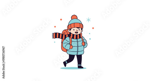 Small boy wearing a blue puffer jacket and warm winter accessories walks with a backpack through a light snowfall on a winter day.