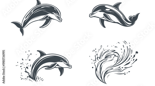 Collection of graphic dolphin illustrations in shades of gray on a white background