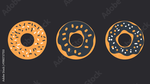Three stylized donuts with different toppings arranged on a dark gray background