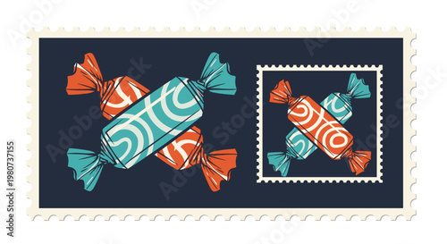 Vintage postage stamp design features colorful wrapped hard candies in blue and orange shades set against a dark navy blue background.