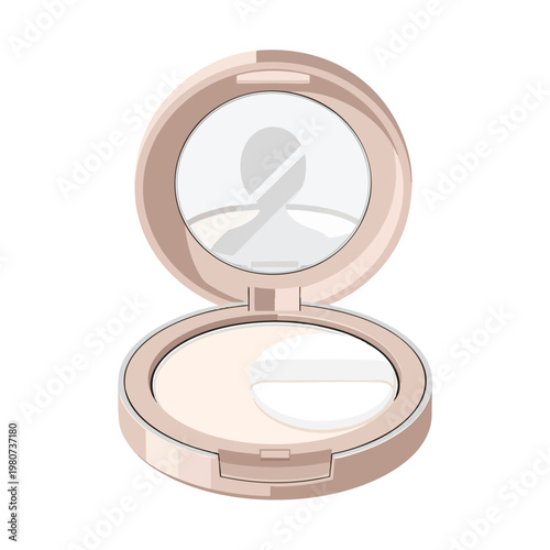 Open compact powder case with mirror on a neutral background