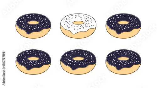 Six cartoon donuts, five with purple icing and sprinkles, one with white icing