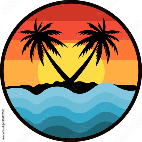 Circular Badge Retro Sunset Beach Illustration