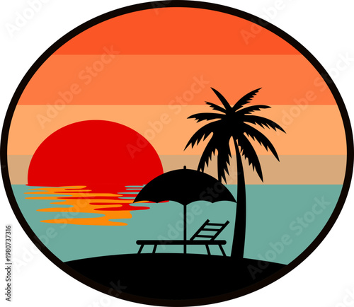 Circular Badge Retro Sunset Beach Illustration