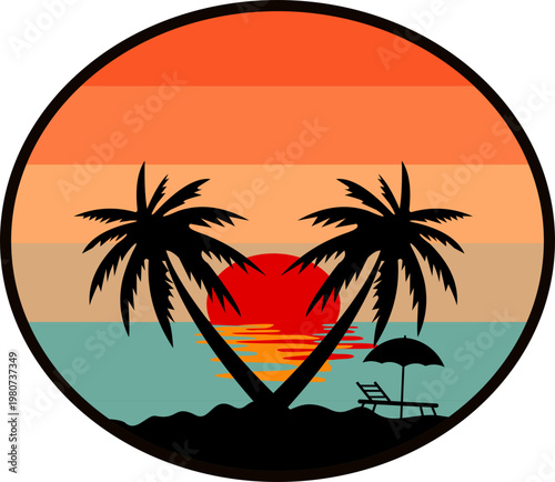 Circular Badge Retro Sunset Beach Illustration