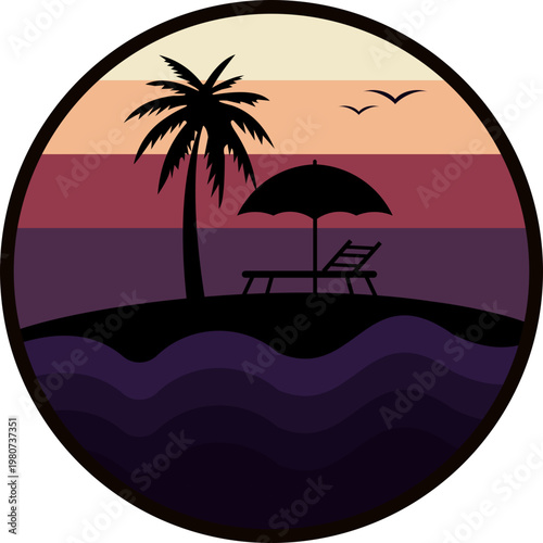 Circular Badge Retro Sunset Beach Illustration