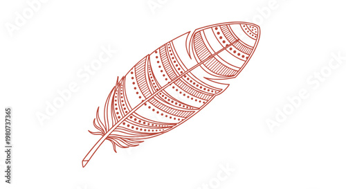 Intricate decorative feather drawing features patterns of dots and stripes in a warm reddish brown tone for a bohemian art aesthetic.
