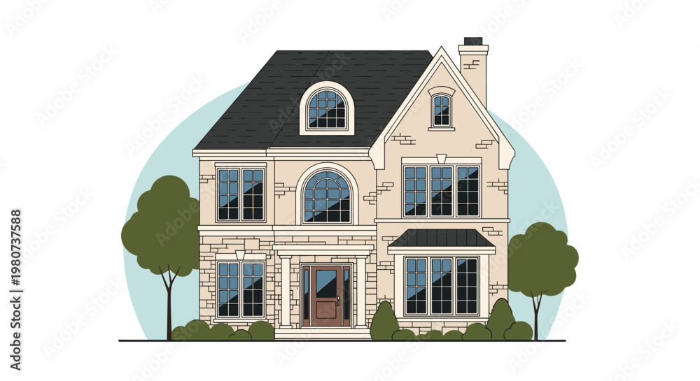Fototapeta premium Grand two story stone house features multiple gables and arched windows surrounded by green trees in a classic residential setting.