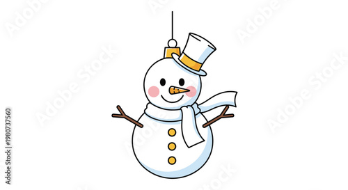 Hanging snowman Christmas ornament wears a white top hat and scarf while smiling with rosy cheeks in a cute holiday decoration.