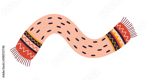 Long winter scarf with a wavy shape features bohemian patterns in pink orange and dark blue with fringed ends for cold weather.