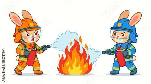 Two brave bunnies in firefighter uniforms working together to extinguish a raging fire with water from their hoses, promoting teamwork and fire safety