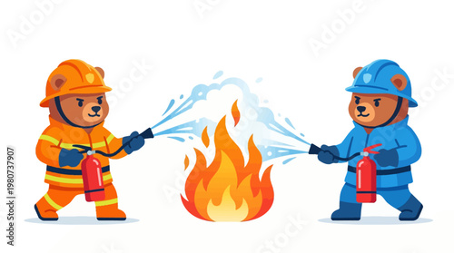 Two brave cartoon bear firefighters in orange and blue gear collaborate to extinguish a blazing fire with extinguishers, emphasizing teamwork and essential fire safety