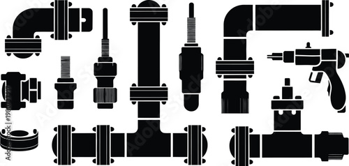 Black silhouette set of plumbing pipes, valves, fittings, and tools vector