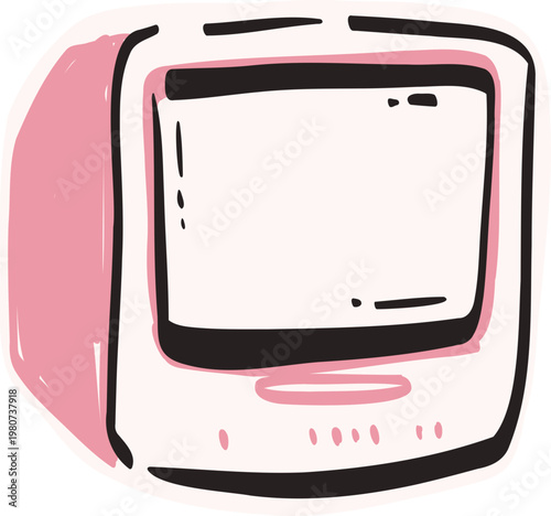 Cute Pink Retro Computer Monitor Kawaii Sticker Icon Y2K Tech Aesthetic Doodle Illustration